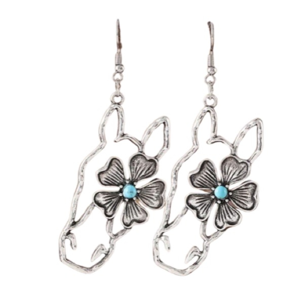 Vintage Retro Bohemian Silver Western Horse Dangle Turquoise Earrings NEW